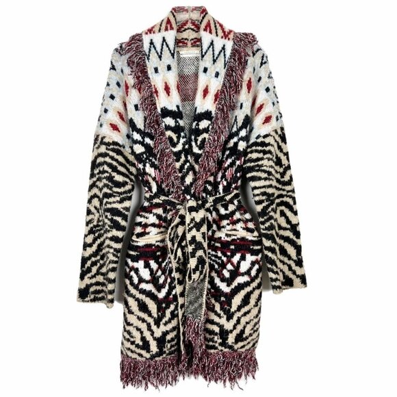 Anthropologie Sweater Women's 1X Paloma Fringed Animal Print Belted Cardigan - Picture 3 of 15